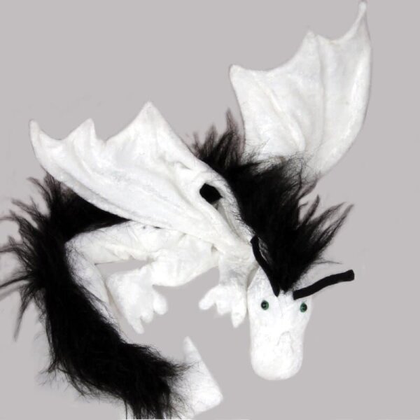 Shoulder dragon XXL, full white, black plushy crest, green eyes